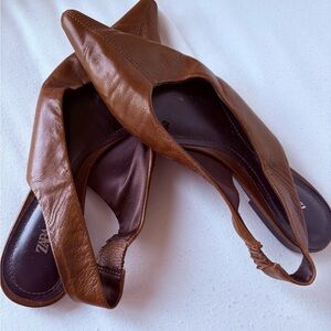 Zara Tan Brown Pointed Leather Slingback Flats